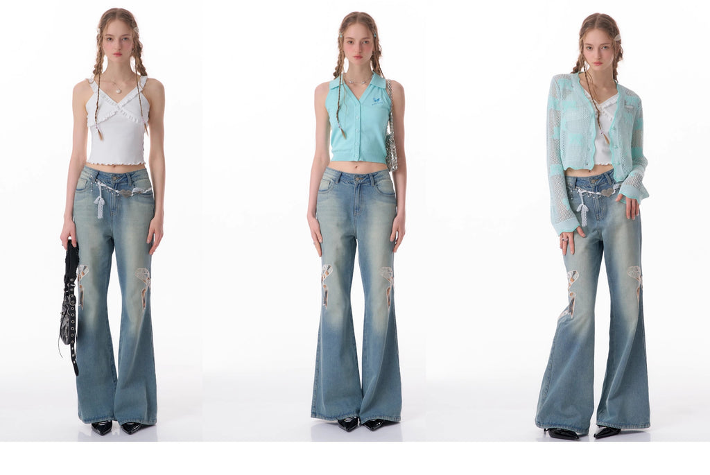 Y2K Bow Patch High Waist Wide Leg Jeans