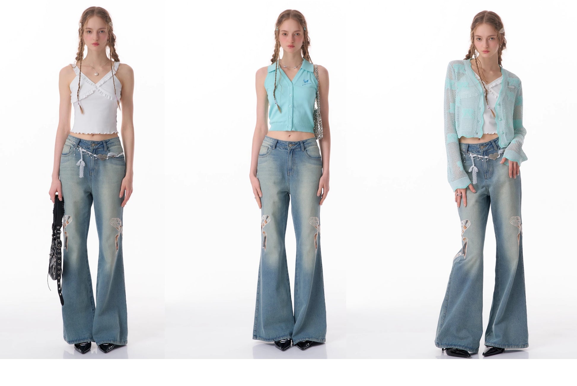 Y2K Bow Patch High Waist Wide Leg Jeans