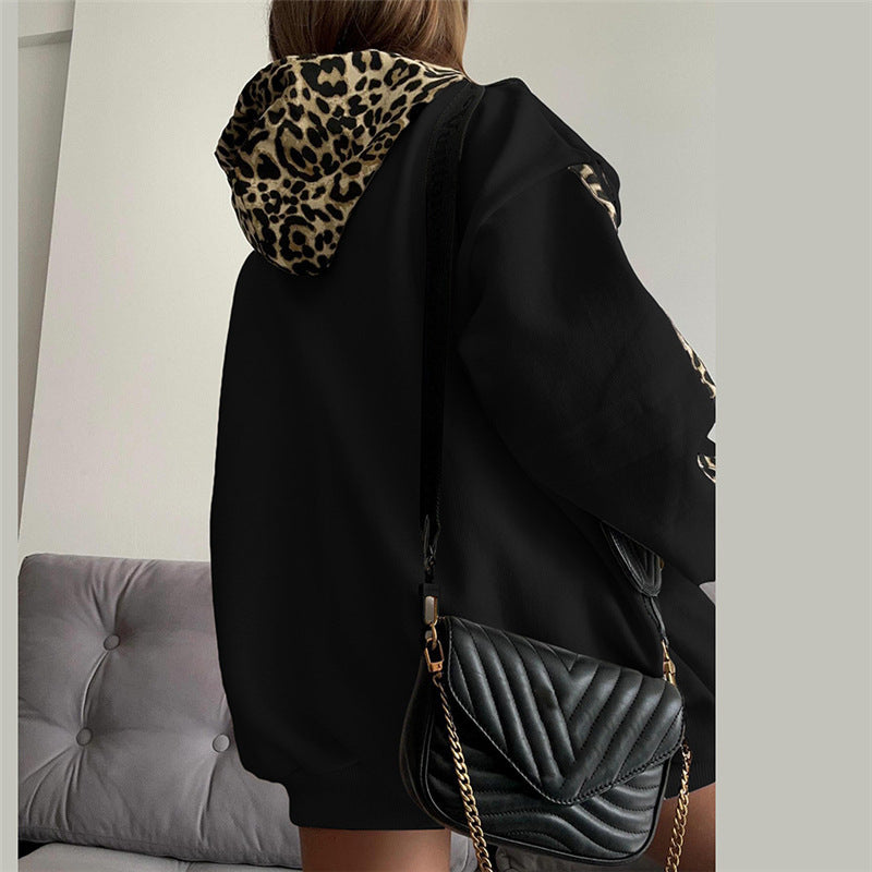 Chic Leopard Print Detail Relaxed Fit Casual Pullover Hoodie