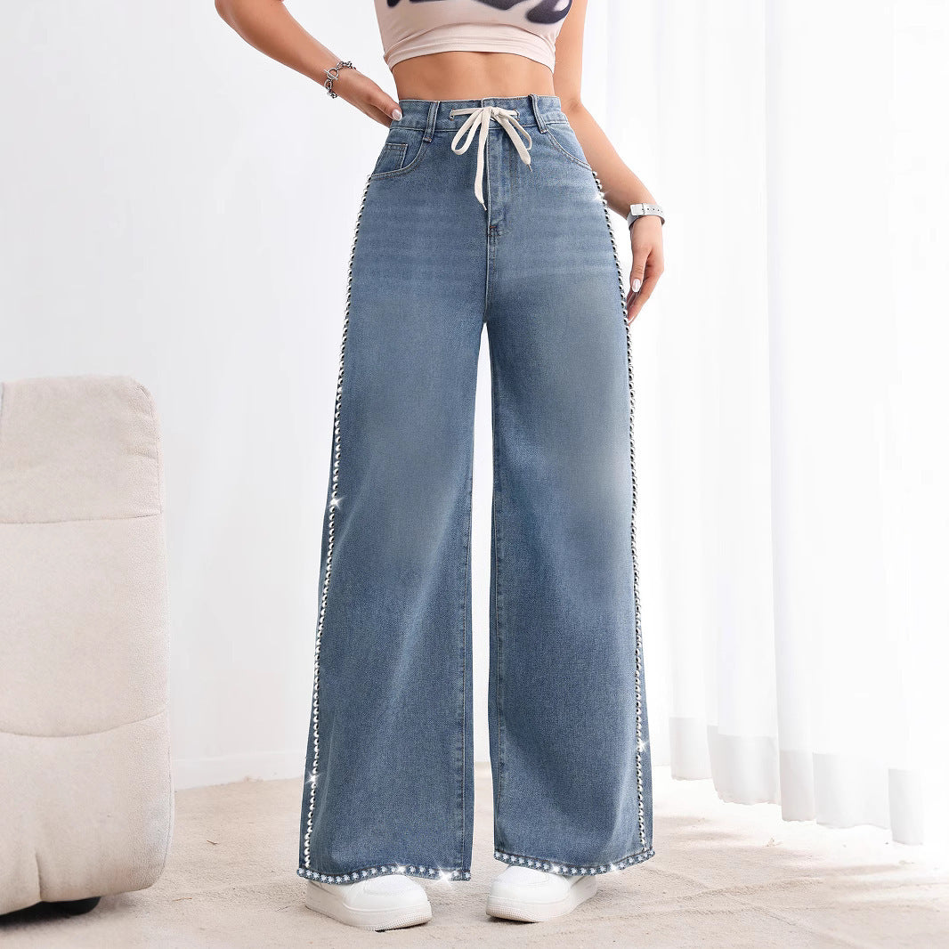 Retro High Waist Beaded Wide Leg Jeans