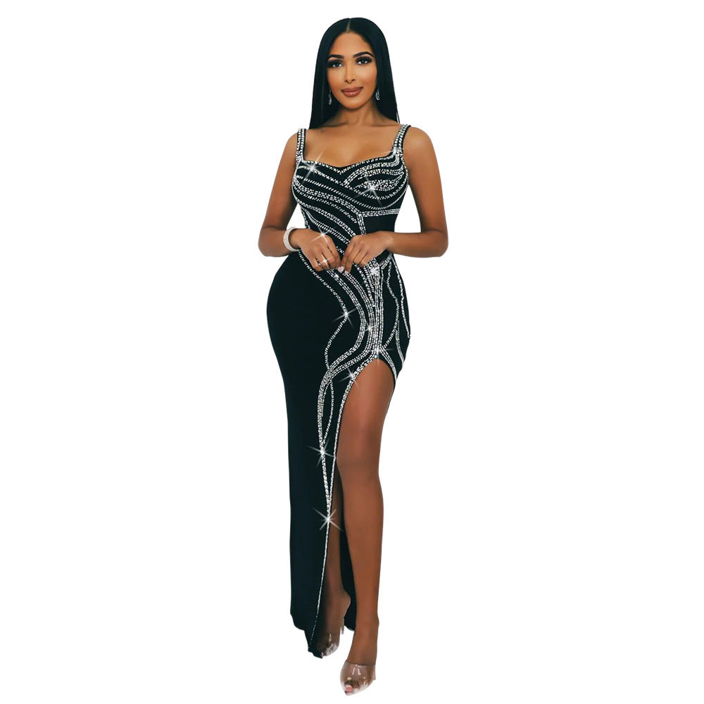 Glamorous Rhinestone High Slit Maxi Dress - Elegant Evening Party Gown