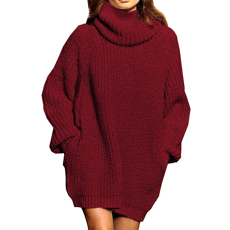 Cozy Oversized Long Sleeve High Neck Knit Sweater Dress with Convenient Pocket