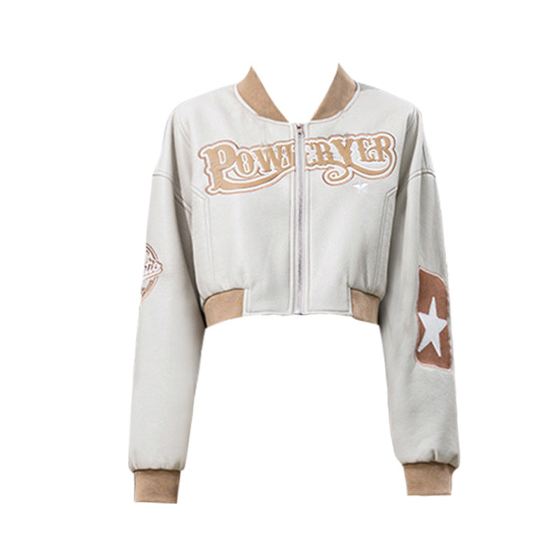 Street Style Cropped Bomber Jacket with Vintage Embroidered Lettering