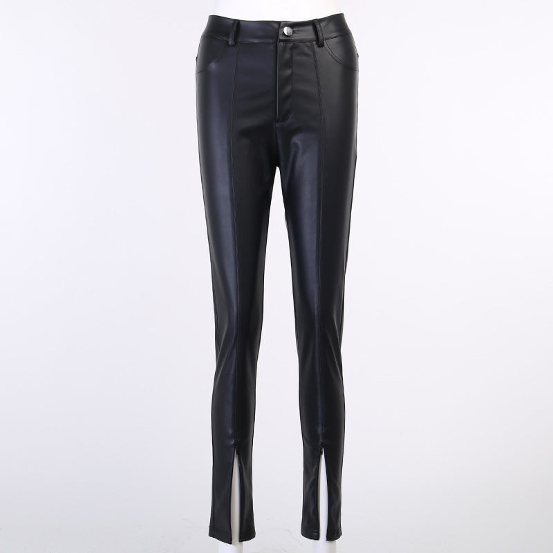 Chic High Waisted Faux Leather Leggings with Stylish Split Hem Ankle Zippers