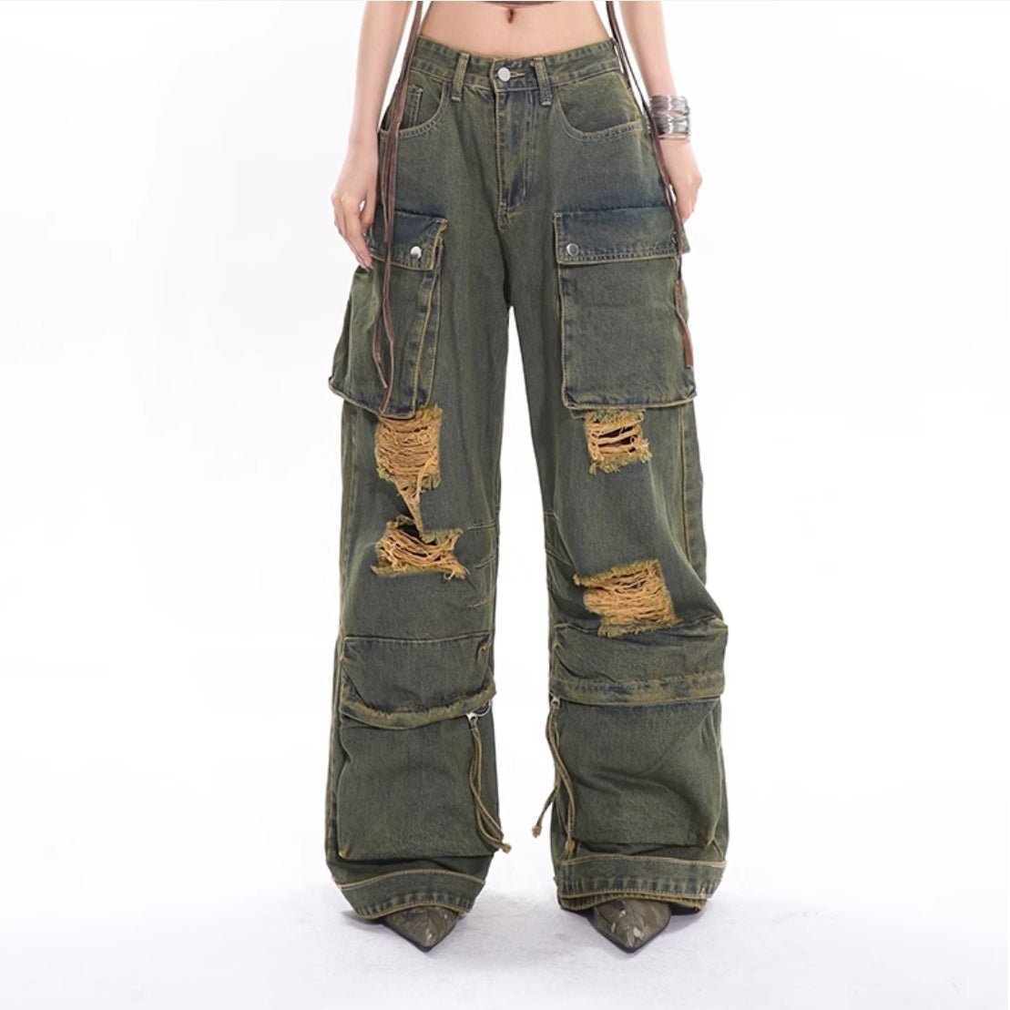 Trendy Distressed Baggy Cargo Jeans - Vintage Green