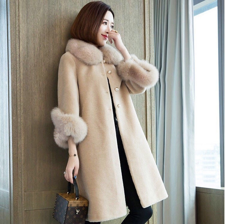 Elegant Faux Fur Mid-length Coat with Plush Collar and Cuffs