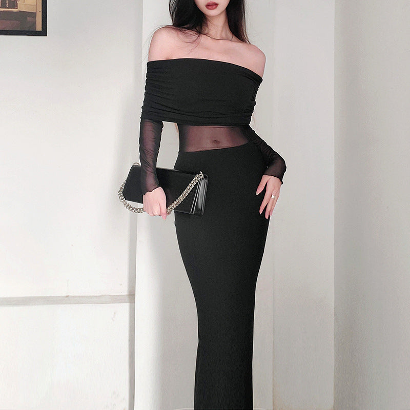 Chic Off-Shoulder Pleated Long Sleeve Maxi Dress