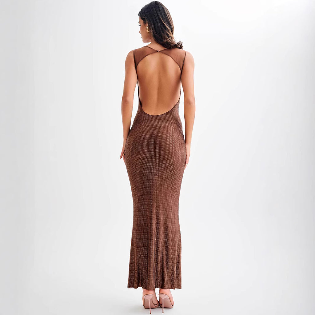 Elegant Brown Rhinestone Maxi Dress | Strappy Evening Gown