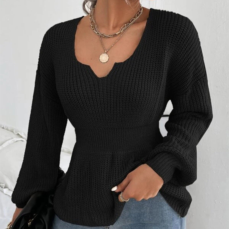 Chic Ruffle Detail Knit Sweater with Fitted Peplum Waist