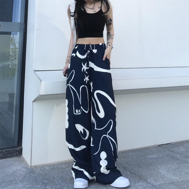 Vintage Graffiti Print Loose Wide-Leg Pants