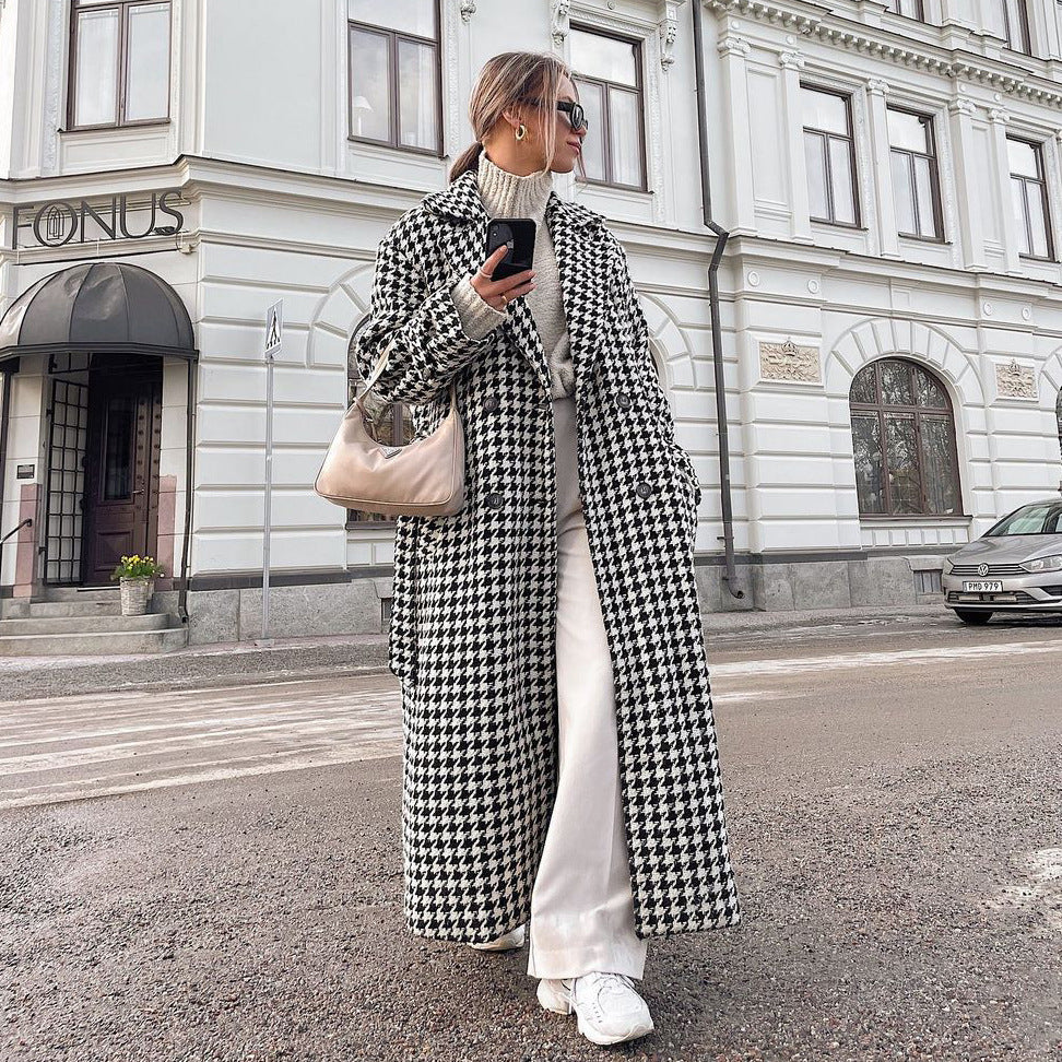 Oversized Houndstooth Long Trench Coat