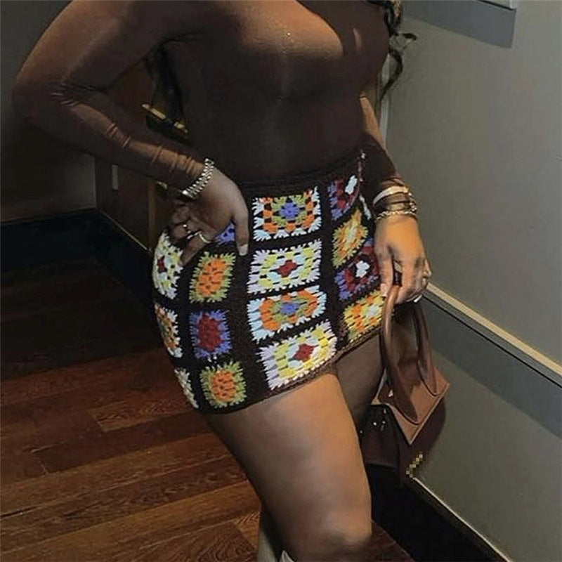 Vibrant Granny Square Knit Mini Skirt Bohemian Chic Statement