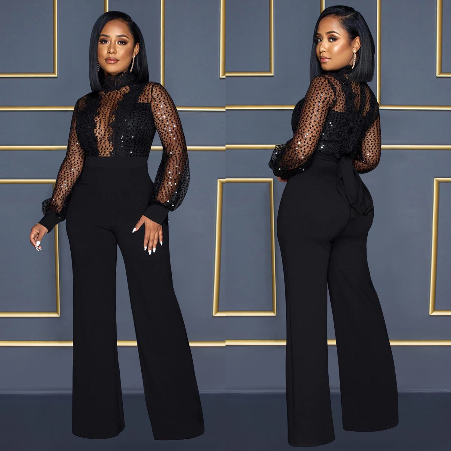 Chic Illusion Neck Sequin Sleeve Wide Leg Party Jumpsuit