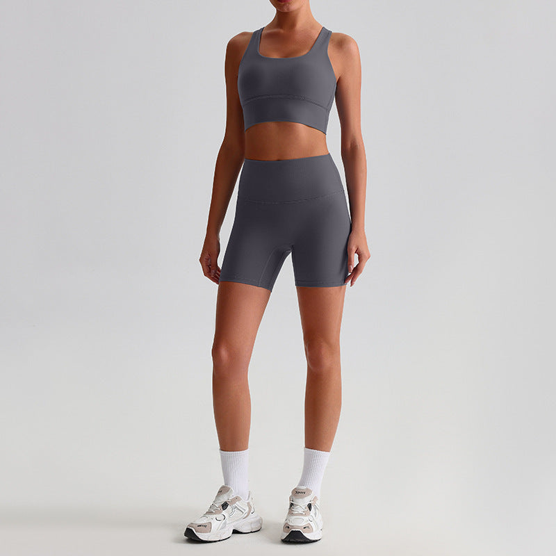 Comfortable Nylon Workout Set with Crop Top and High Waist Cycling Shorts for Women