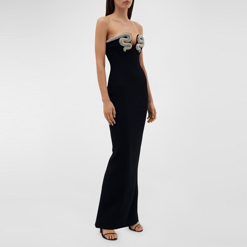 Black Strapless Rhinestone Embellished U-Neck Bodycon Maxi Dress