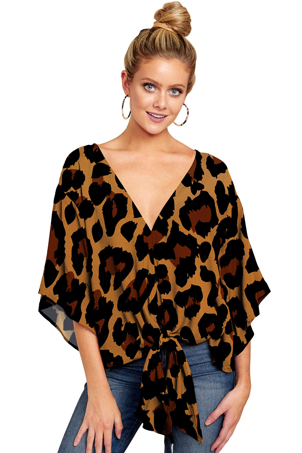 Chic Leopard Print V-Neck Blouse with Tie Front - Batwing Sleeve Top