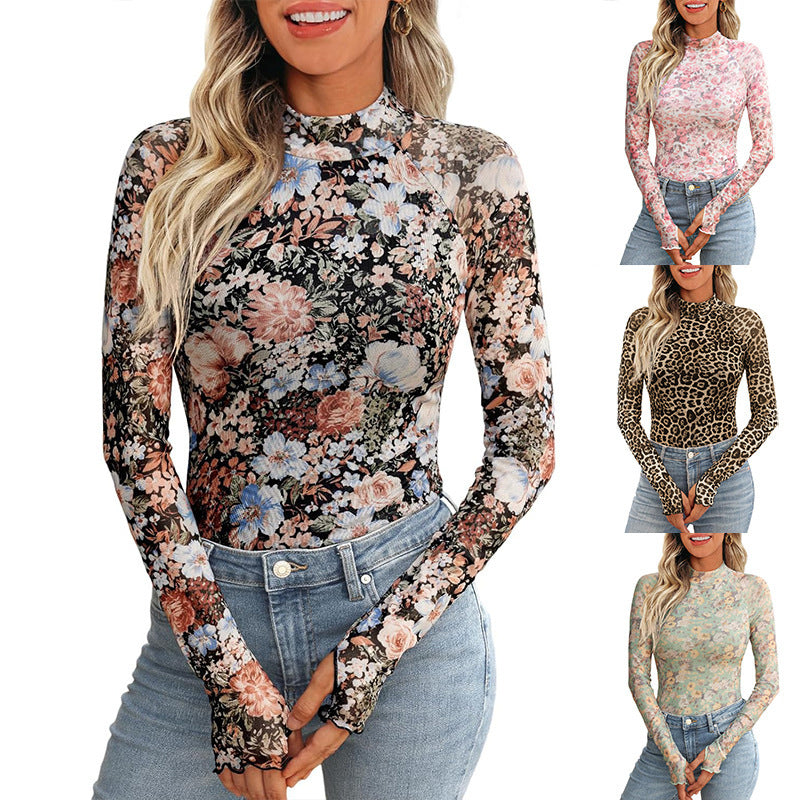 Elegant High Neck Floral Print Mesh Long Sleeve Pullover Top