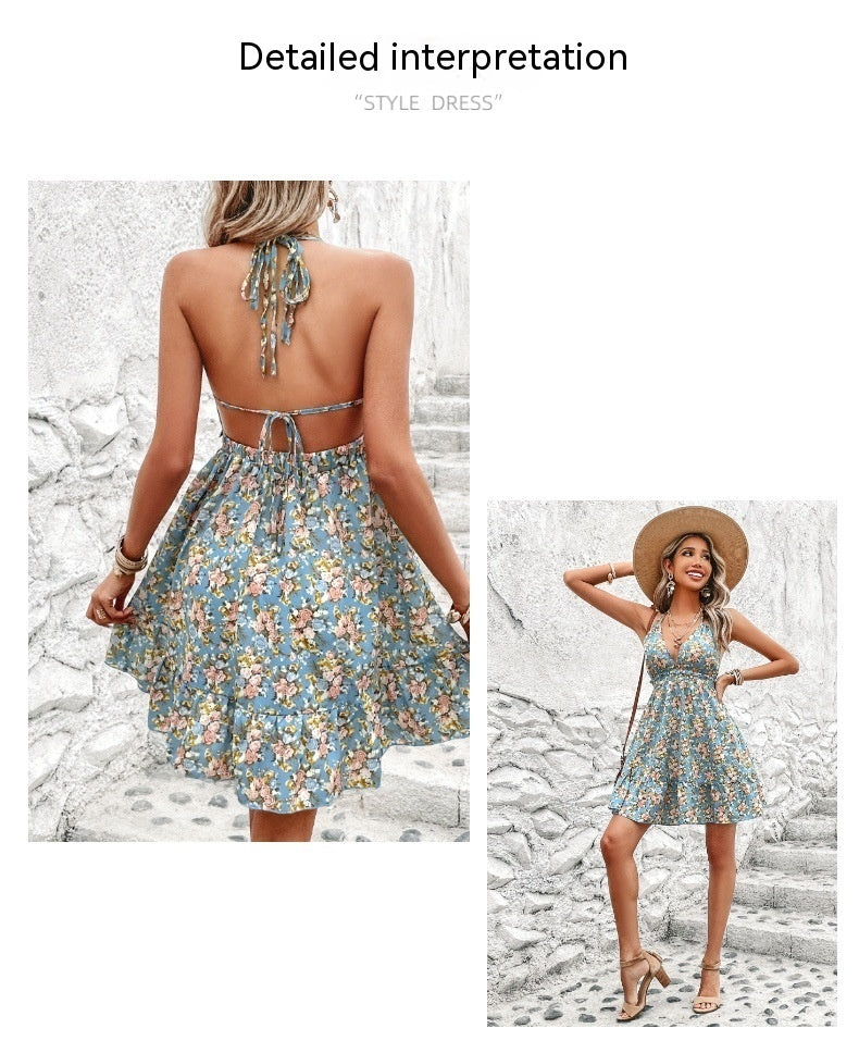 Women's Floral Halter Neck Backless Summer A Line Mini Dress
