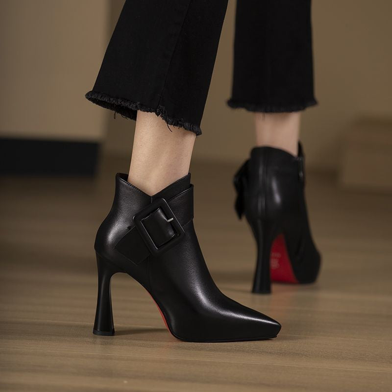 Women's Chic High Heel Ankle Boots with Belt Buckle Design