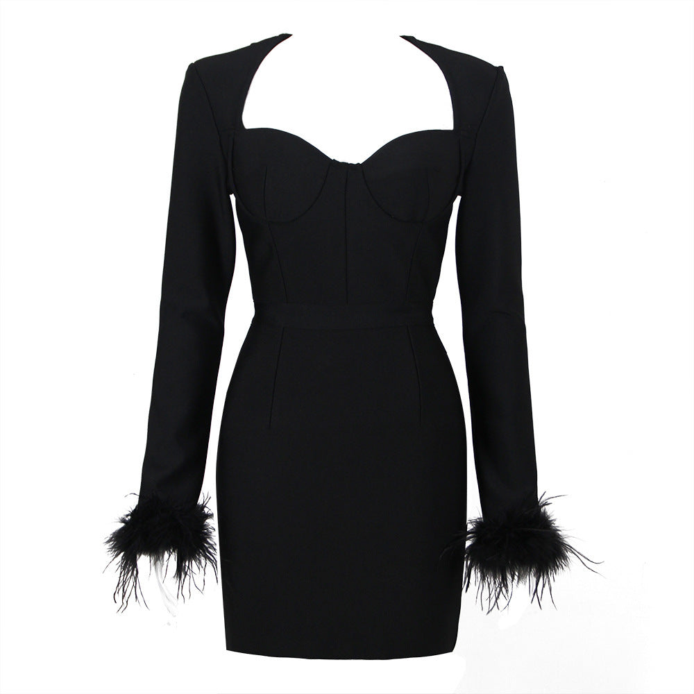 Women's Feather Trim Mini Dress - Square Neck Party Style