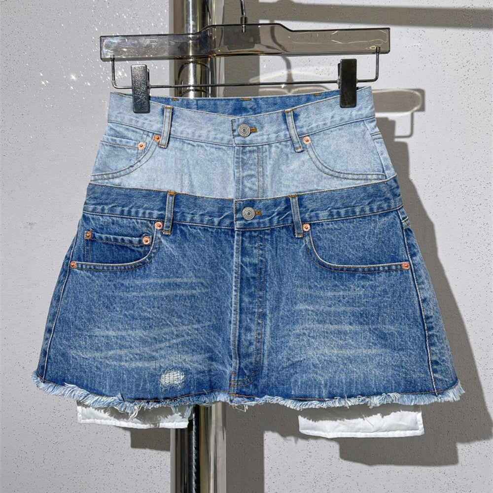Fashionable Two Tone Denim Spliced Mini Skirt with Raw Hem