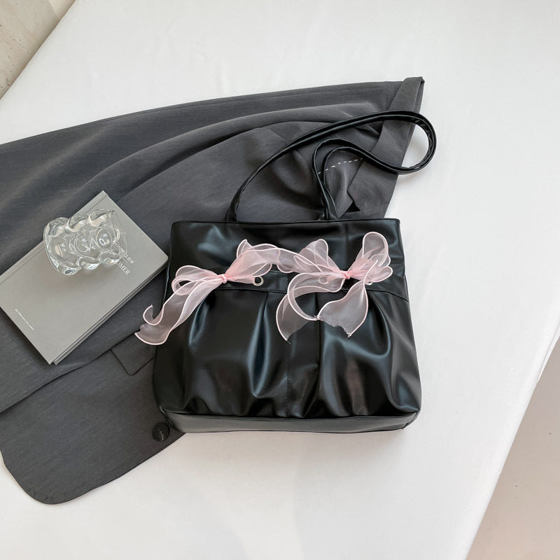 Chic Bow Detail PU Leather Tote Bag - Large Capacity Shoulder Bag for Women