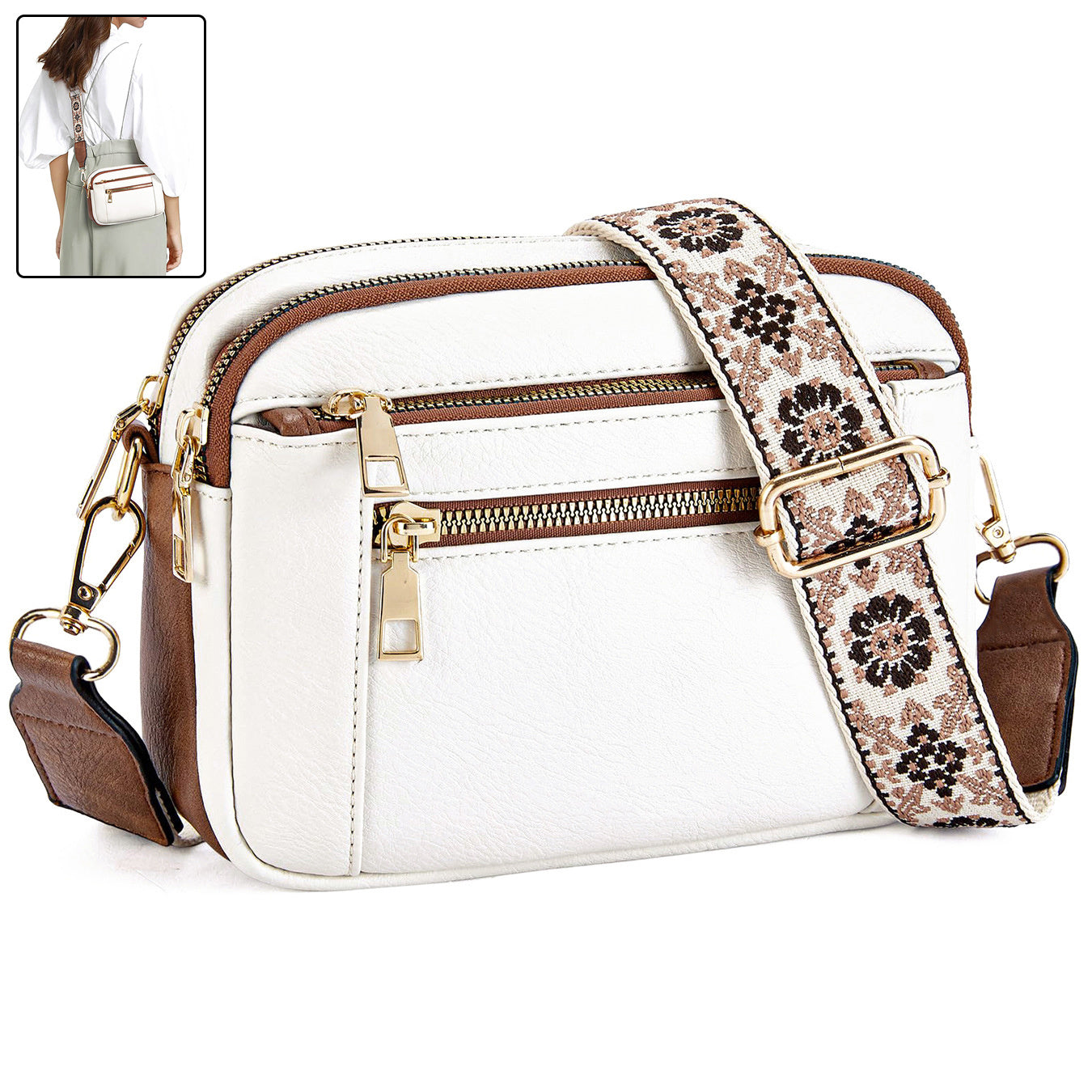 Chic Triple-Zipper Crossbody Bag with Floral Strap - Multi-functional
