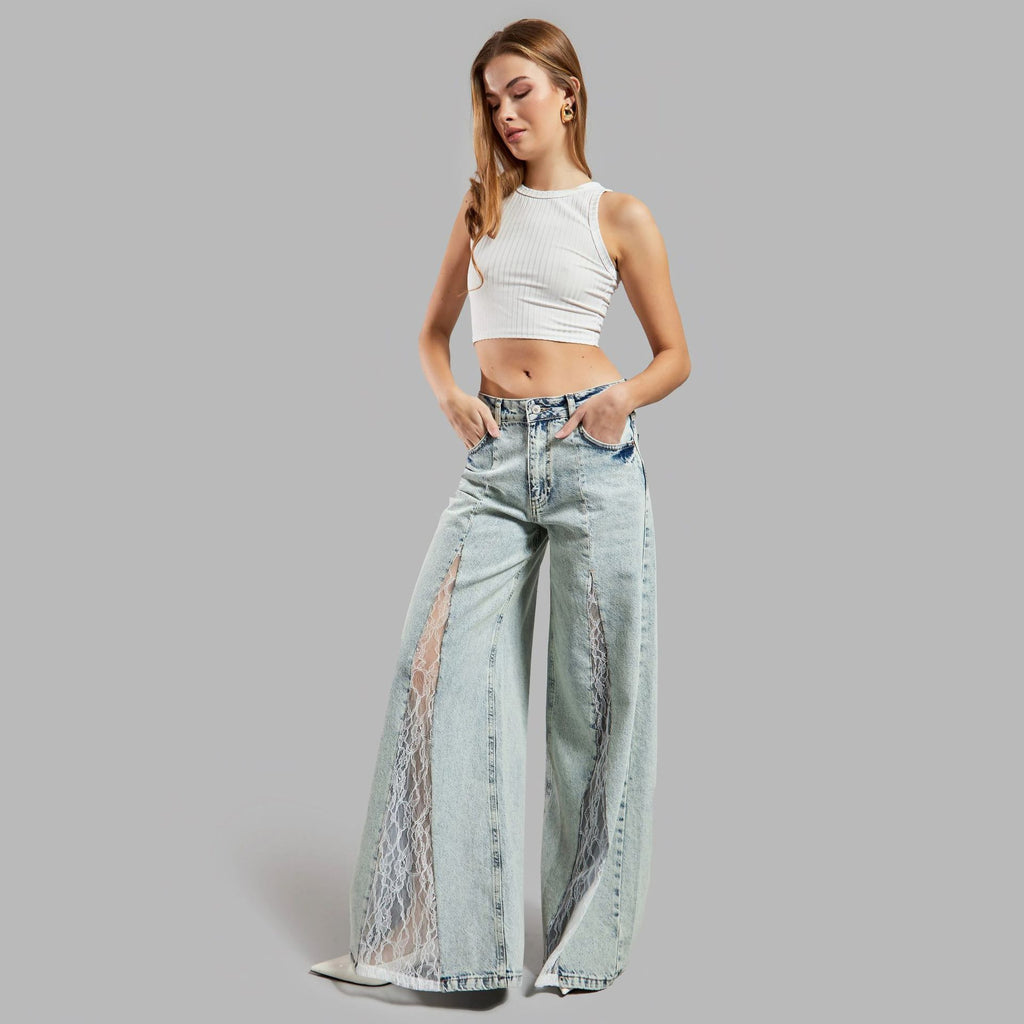 Women's Lace Detail Bootcut Jeans - Street Style Denim