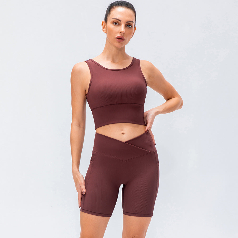 Stylish Ribbed Crop Top and V Waist Biker Shorts Activewear Set