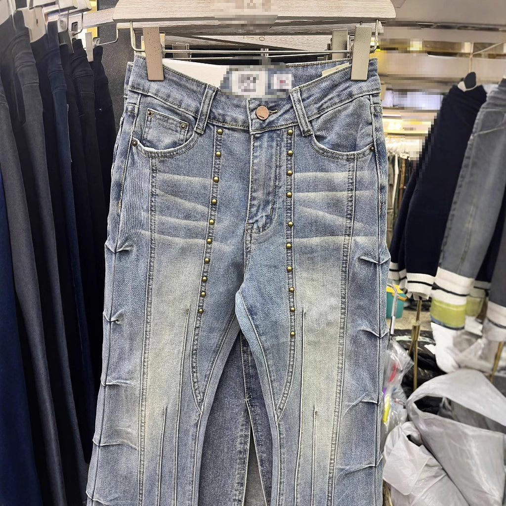 Retro Rivet High-Waist Flared Jeans - Street Style