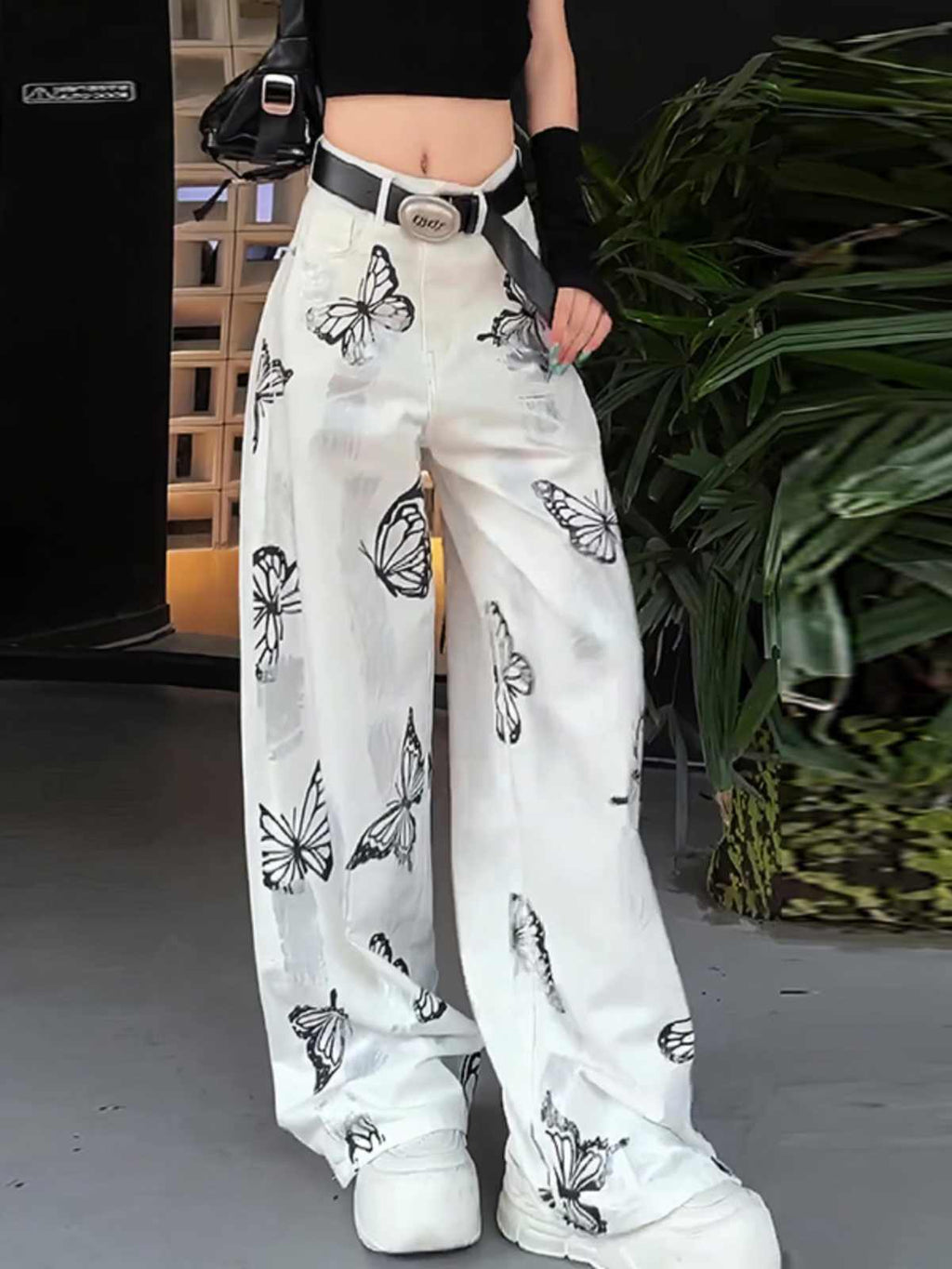 Women's Butterfly Print Wide Leg Pants - Casual Trousers