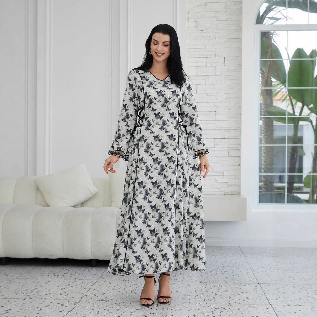Elegant Butterfly Print Maxi Dress - Flowing V-Neck Abaya Style