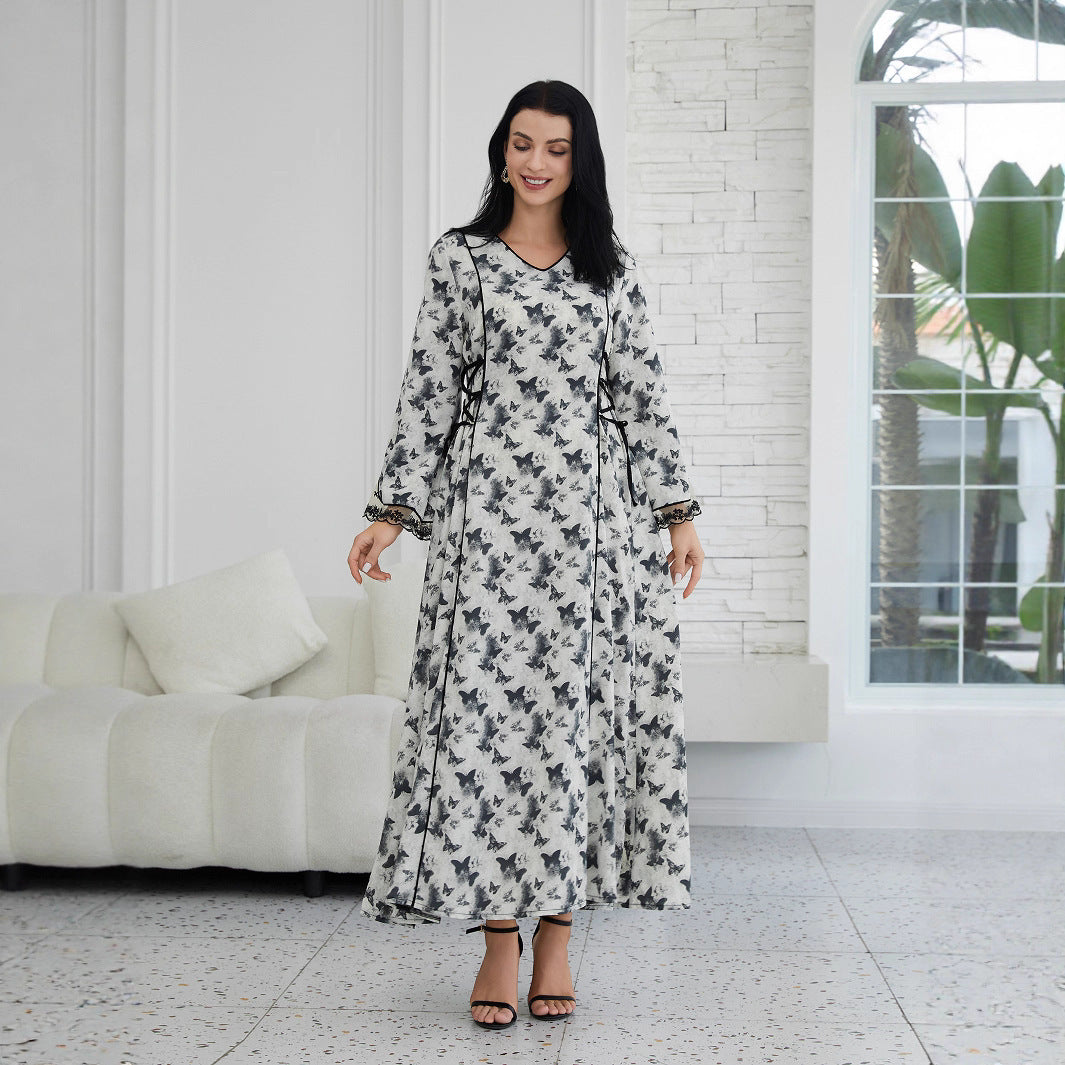 Elegant Butterfly Print Maxi Dress - Flowing V-Neck Abaya Style