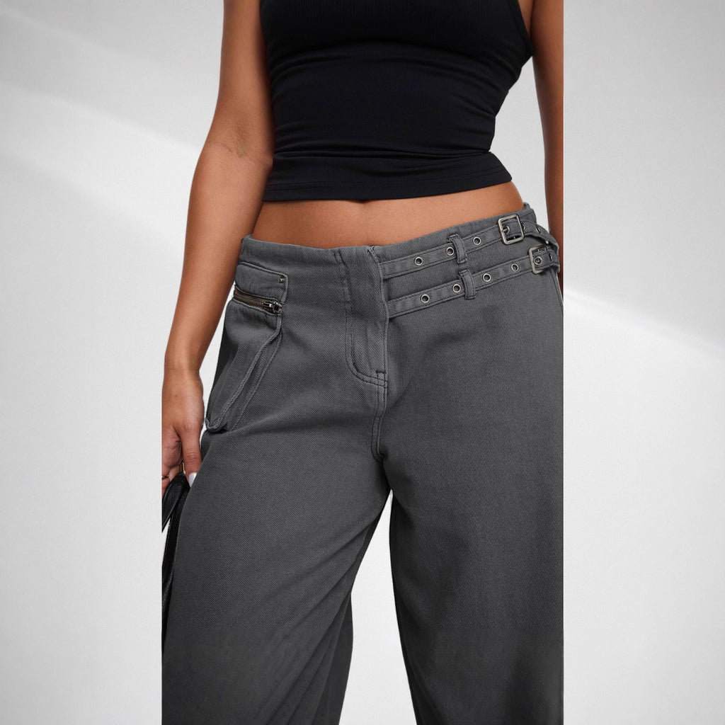 Trendy Street Style Wide Leg Jeans with Asymmetric Pocket and Unique Belt Detail