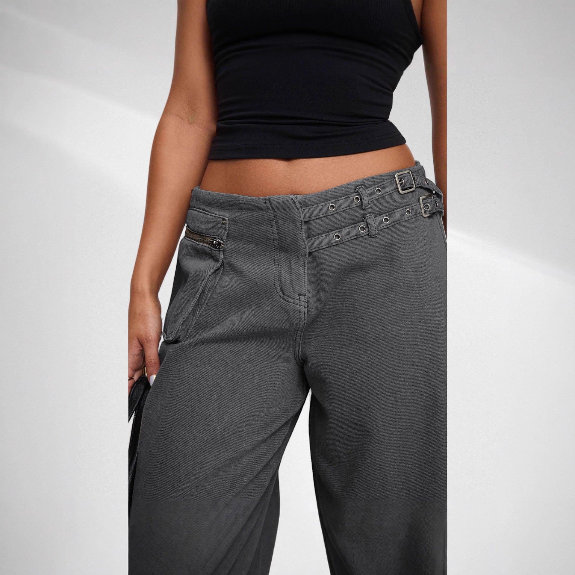 Trendy Street Style Wide Leg Jeans with Asymmetric Pocket and Unique Belt Detail