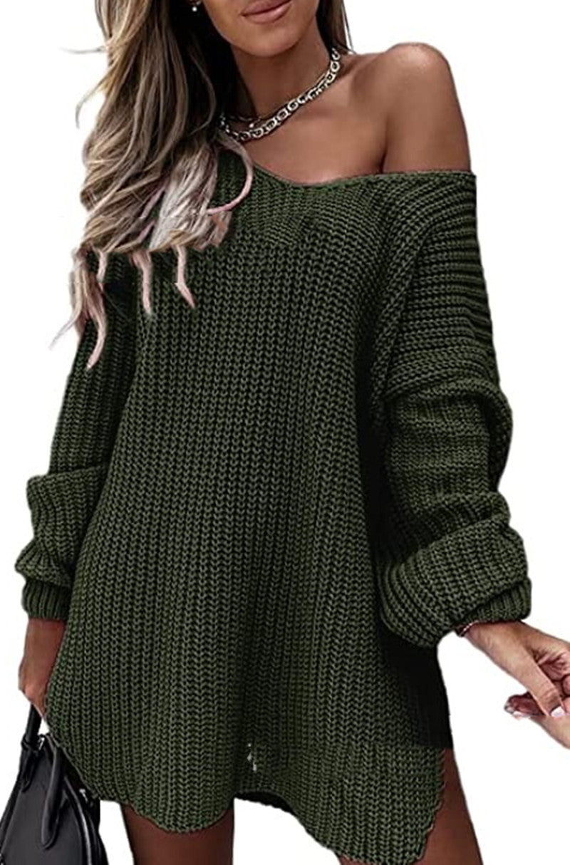 Comfortable Off-Shoulder Knitted Sweater Dress with Long Sleeves and V-Neck