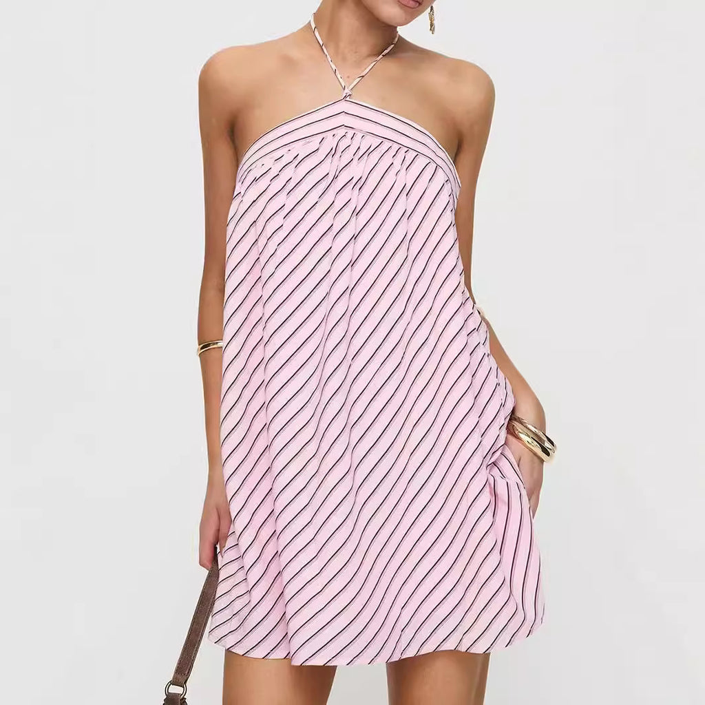Chic Halter Neck Striped Backless Mini Dress for Women