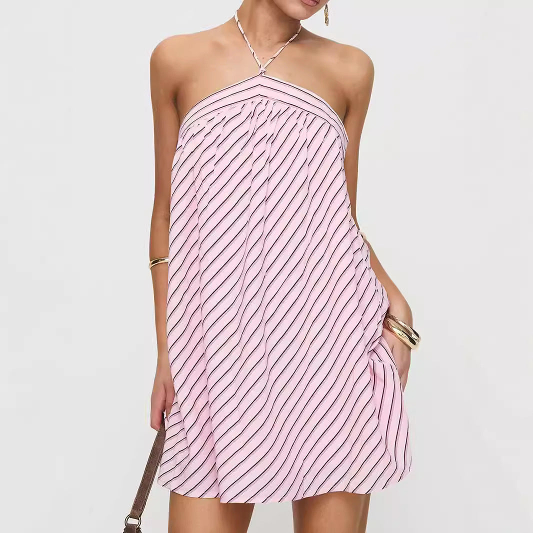 Chic Halter Neck Striped Backless Mini Dress for Women