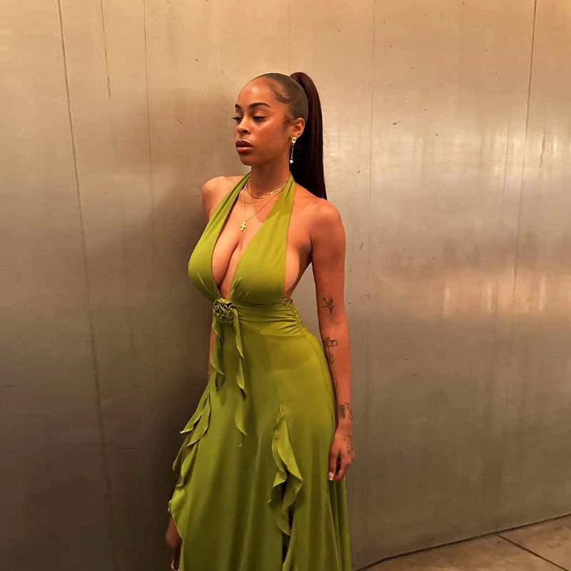 Women's Floral Halter Dress - V-Neck Slit Maxi Gown