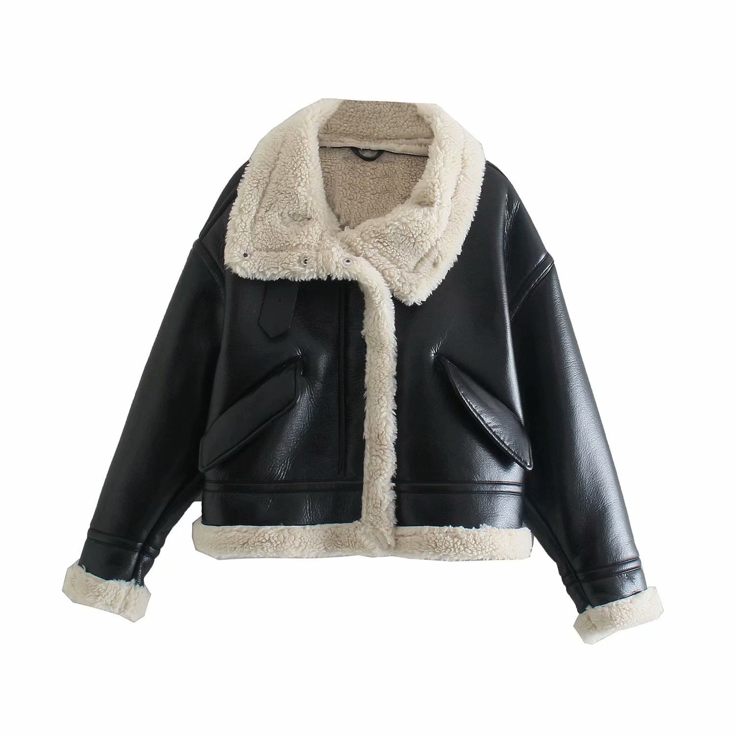 Chic Faux Leather Cropped Shearling Biker Jacket