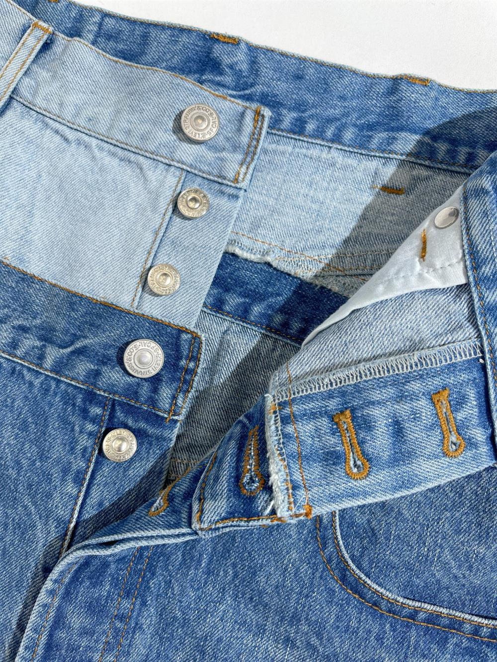 Fashionable Two Tone Denim Spliced Mini Skirt with Raw Hem