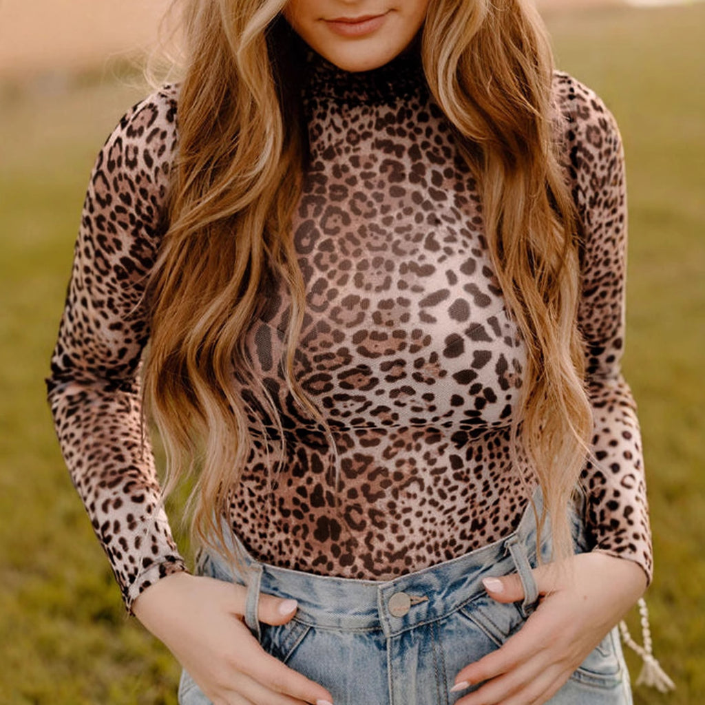 Chic Leopard Print Mesh Long Sleeve Turtleneck Top