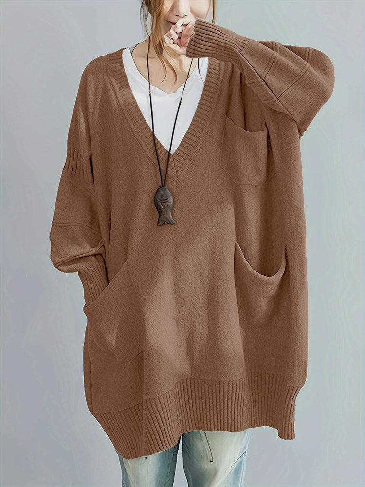Comfortable Loose Fit V Neck Long Sleeve Pullover Sweater with Pockets