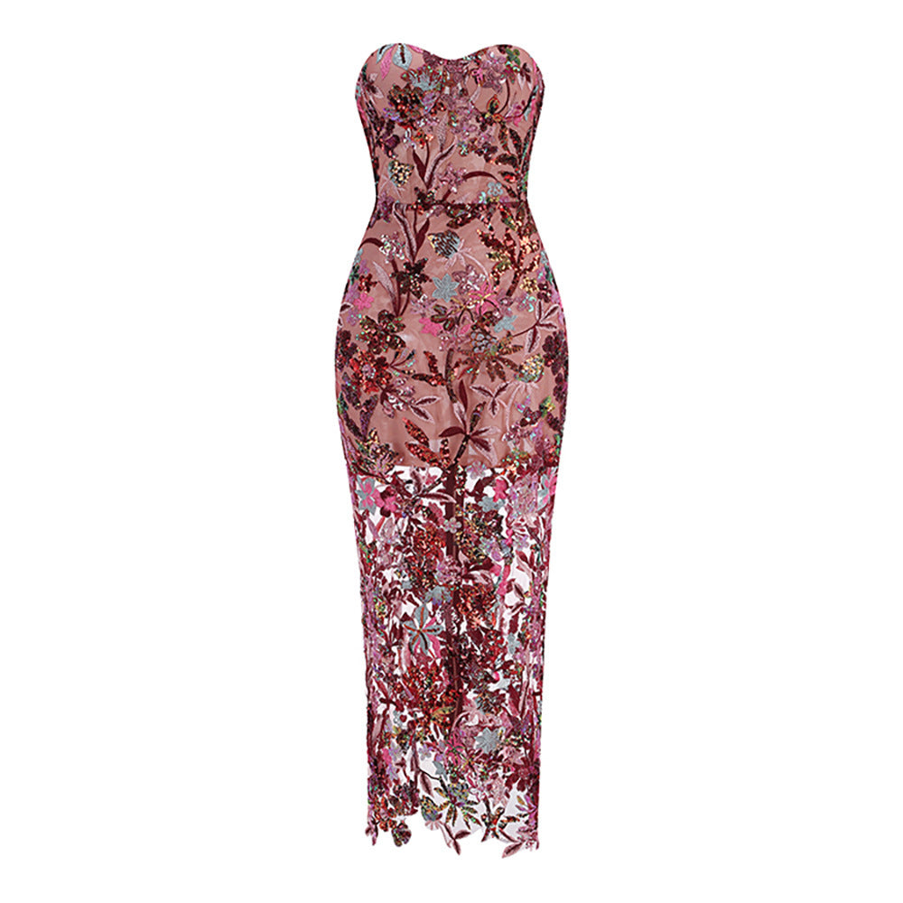 Elegant Strapless Sequin Floral Embroidered Maxi Evening Dress