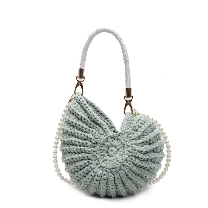 Handmade Woven Shell Handbag with Pearl Strap Unique Crochet Shoulder Bag