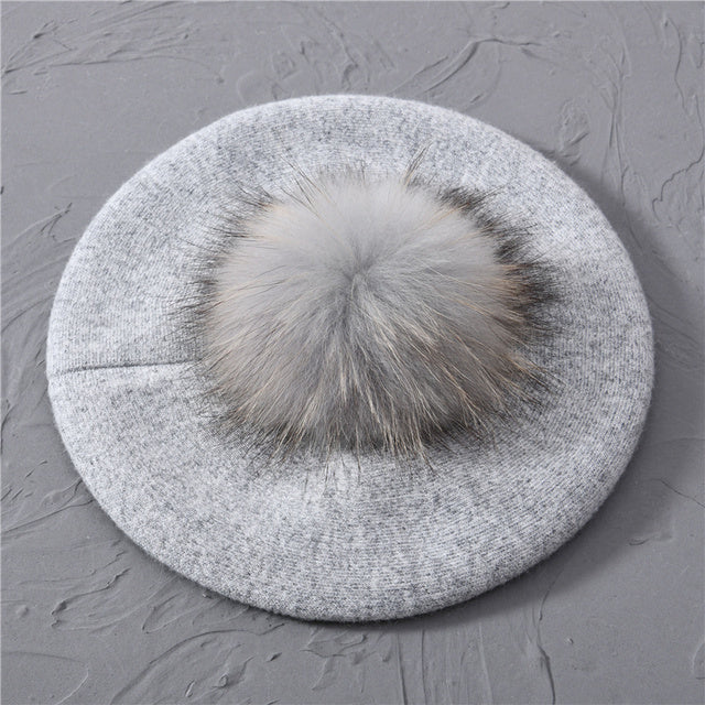 Women's Wool Beret with Real Raccoon Fur Pom Pom
