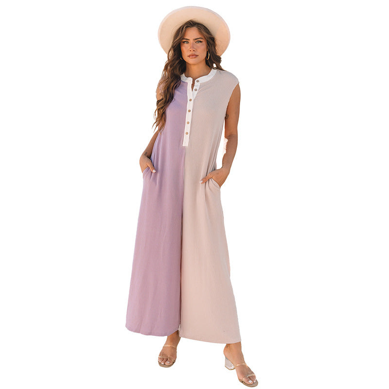 Comfortable Sleeveless Wide Leg Color Block Jumpsuit for Casual Everyday Wear