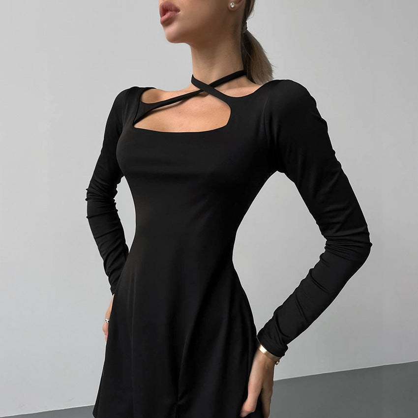 Chic Black Knitted Long Sleeve Mini Dress with Square Neckline and Lace Up Detail