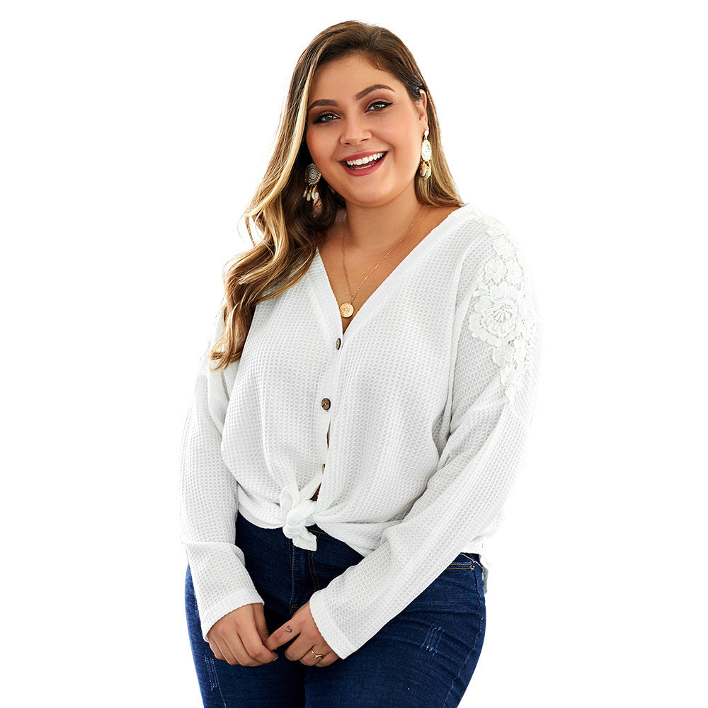 Comfortable Waffle Knit V-Neck Button-Up Top with Lace Detail