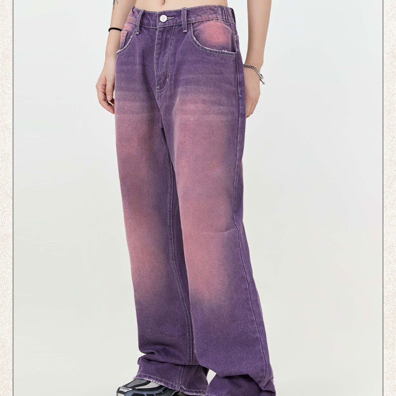 Street Washed Purple Distressed Straight Leg Denim Jeans